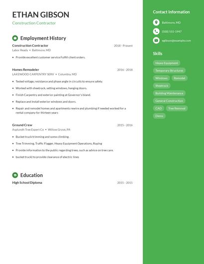 Construction Contractor Resume