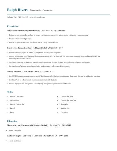 Construction Contractor Resume