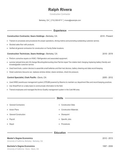 Construction Contractor Resume