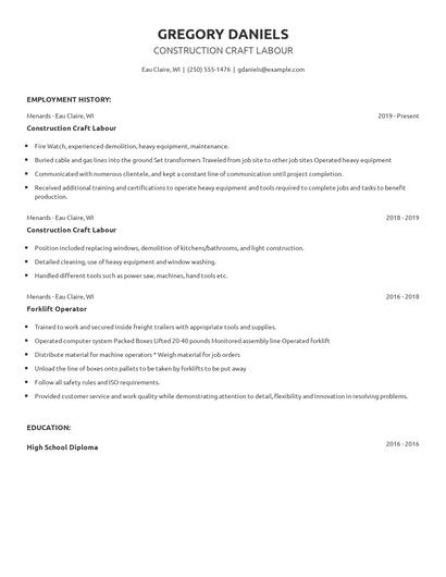 Construction Craft Labour Resume