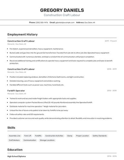 Construction Craft Labour Resume