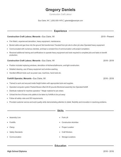 Construction Craft Labour Resume