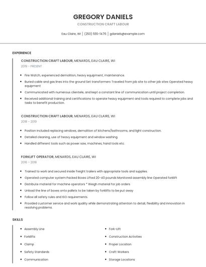 Construction Craft Labour Resume