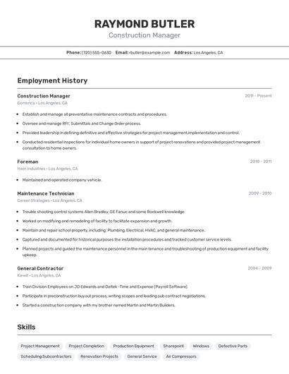 Construction Manager Resume