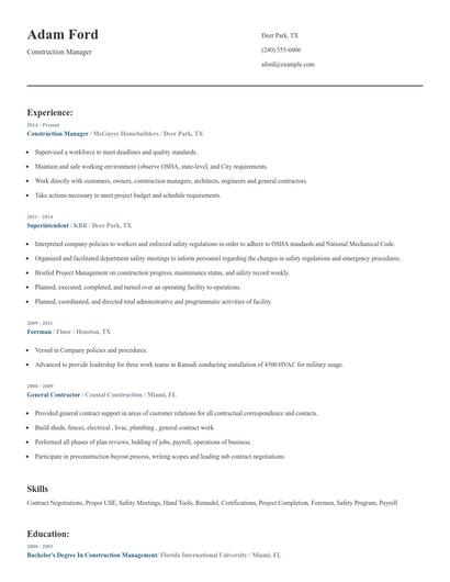 Construction Manager Resume