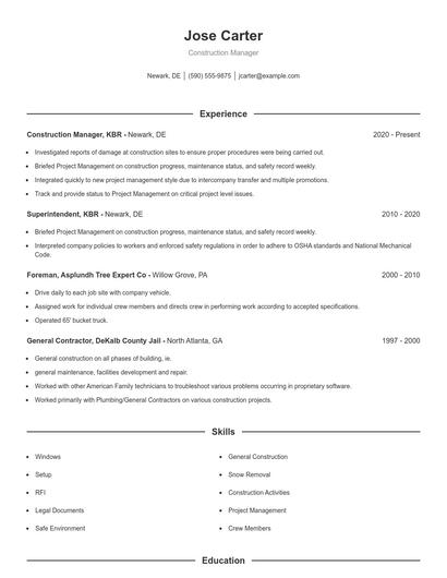 Construction Manager Resume