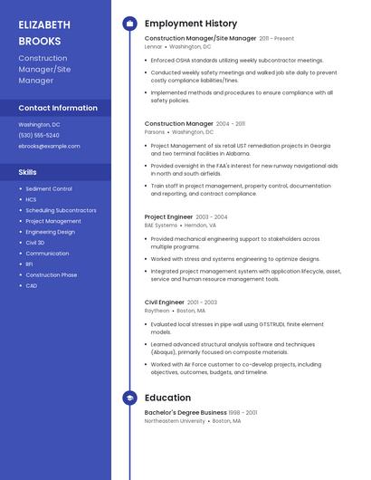 Construction Manager/Site Manager Resume