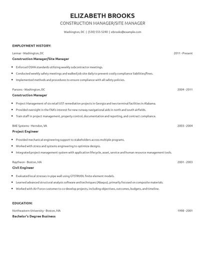 Construction Manager/Site Manager Resume