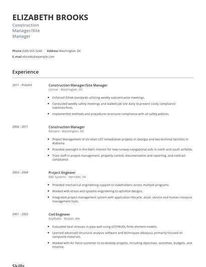Construction Manager/Site Manager Resume