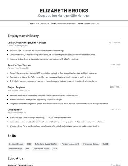 Construction Manager/Site Manager Resume