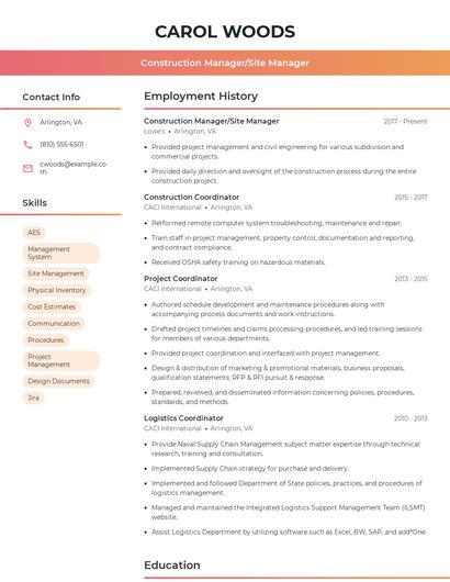 Construction Manager/Site Manager Resume