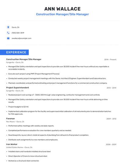 Construction Manager/Site Manager Resume