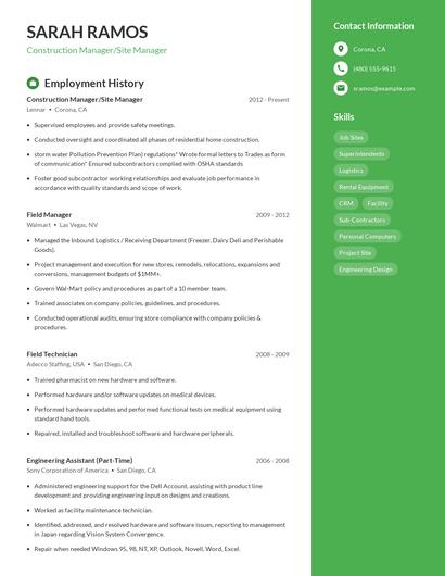 Construction Manager/Site Manager Resume