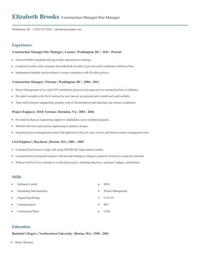Construction Manager/Site Manager Resume