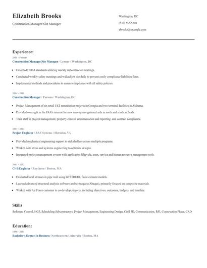 Construction Manager/Site Manager Resume