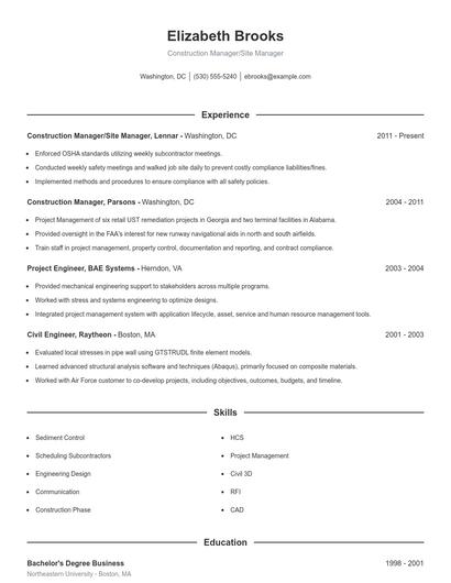 Construction Manager/Site Manager Resume