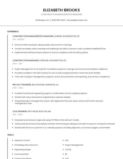 Construction Manager/Site Manager Resume