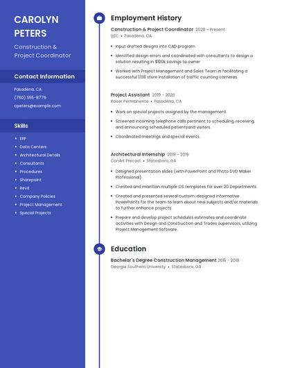 Construction & Project Coordinator Resume