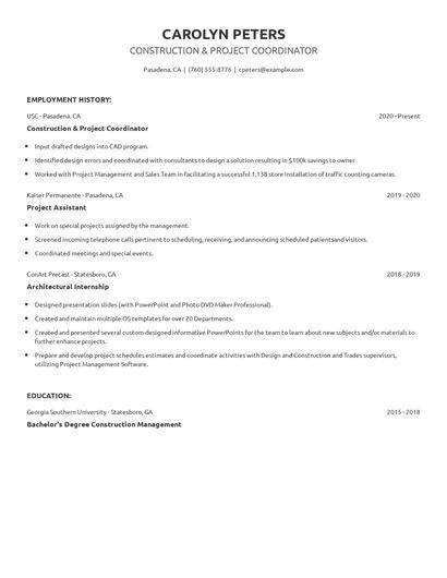 Construction & Project Coordinator Resume