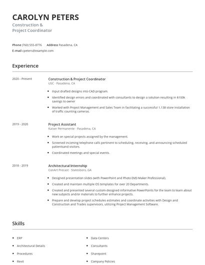 Construction & Project Coordinator Resume