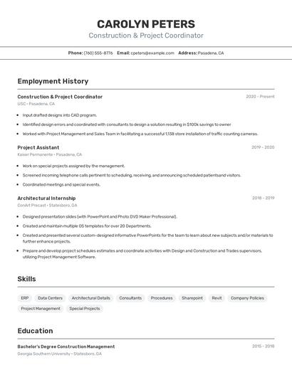 Construction & Project Coordinator Resume