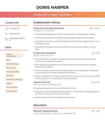 Construction & Project Coordinator Resume