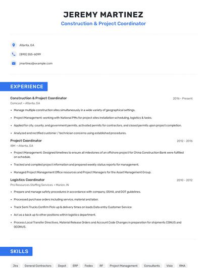 Construction & Project Coordinator Resume