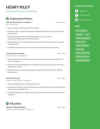 Construction & Project Coordinator Resume