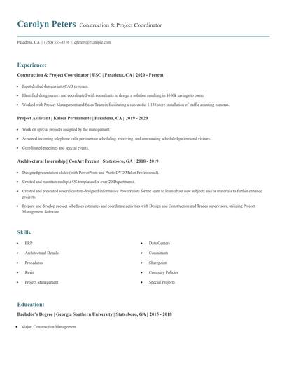 Construction & Project Coordinator Resume