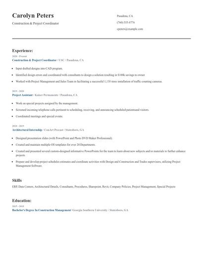 Construction & Project Coordinator Resume