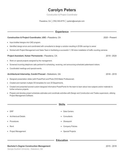 Construction & Project Coordinator Resume