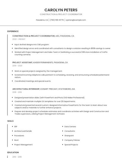 Construction & Project Coordinator Resume