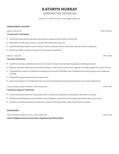 Construction Technician Resume