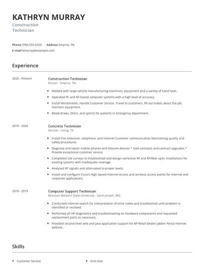 Construction Technician Resume