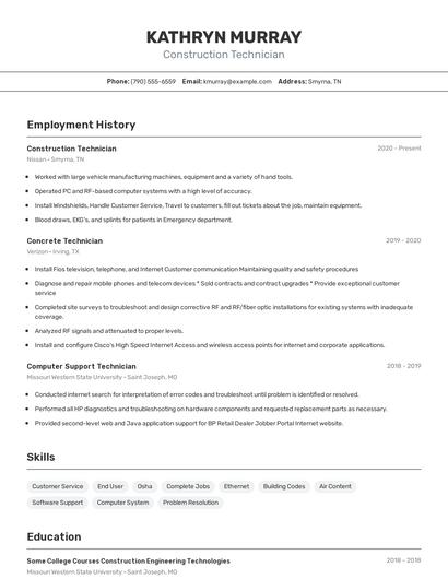 Construction Technician Resume