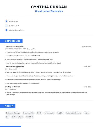 Construction Technician Resume