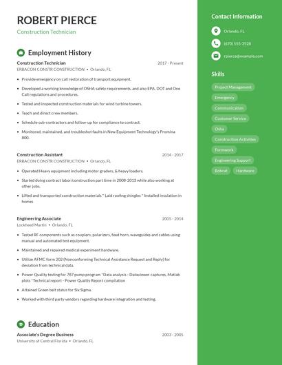 Construction Technician Resume