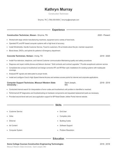 Construction Technician Resume