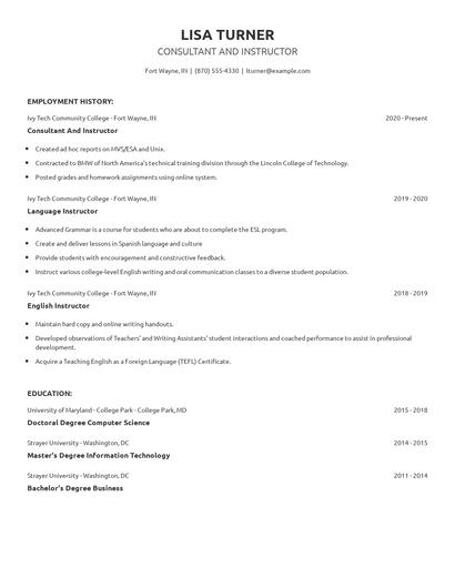 Consultant And Instructor Resume