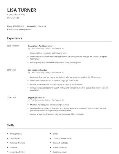 Consultant And Instructor Resume