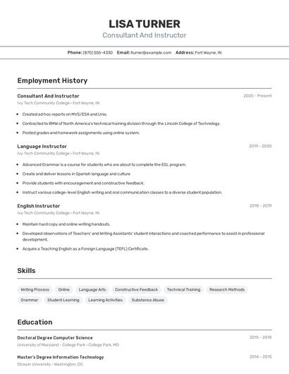 Consultant And Instructor Resume