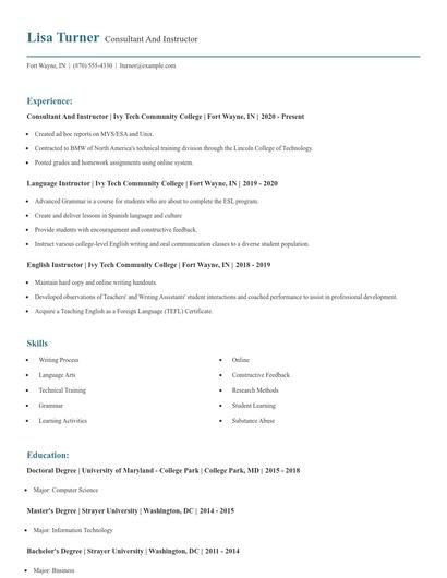 Consultant And Instructor Resume