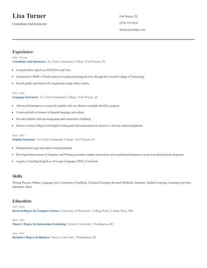 Consultant And Instructor Resume