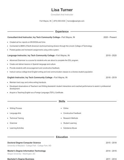 Consultant And Instructor Resume
