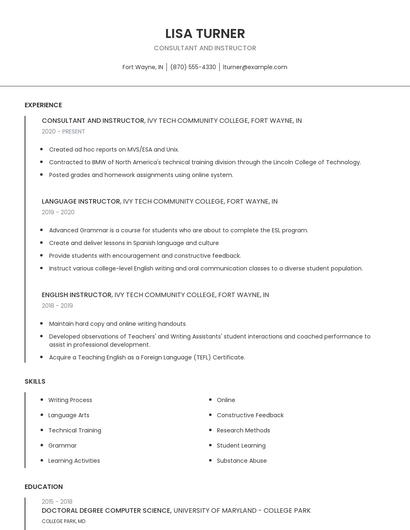Consultant And Instructor Resume