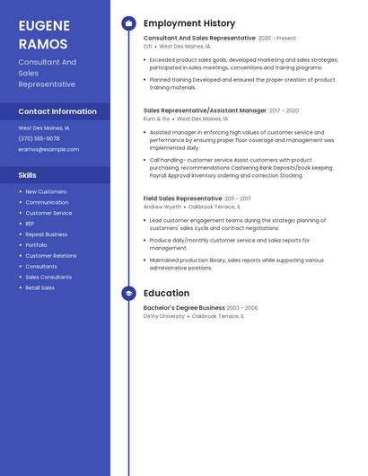 Consultant And Sales Representative Resume