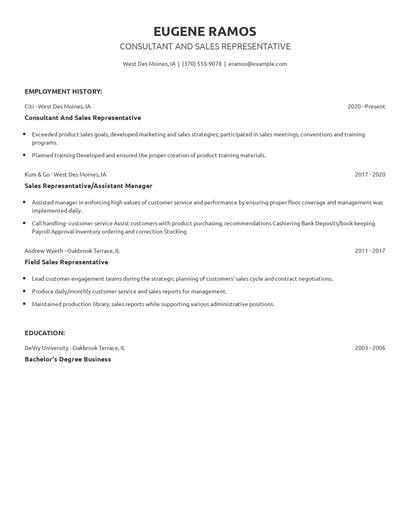 Consultant And Sales Representative Resume