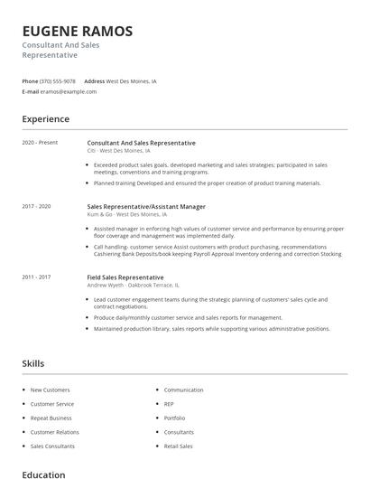 Consultant And Sales Representative Resume