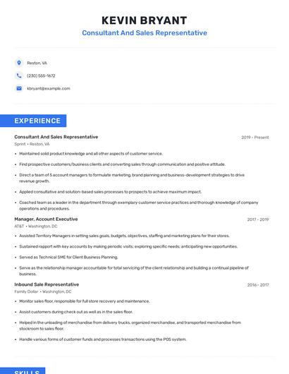 Consultant And Sales Representative Resume