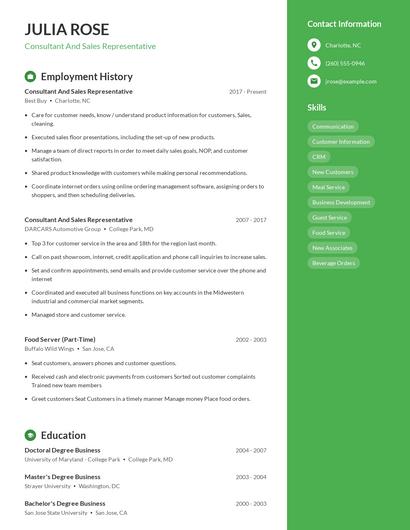 Consultant And Sales Representative Resume